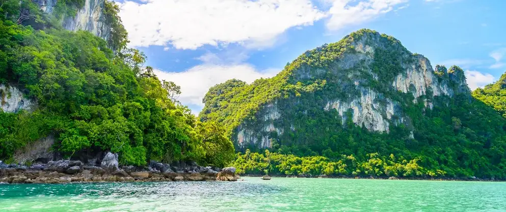 a body of water with trees and mountains of Andaman